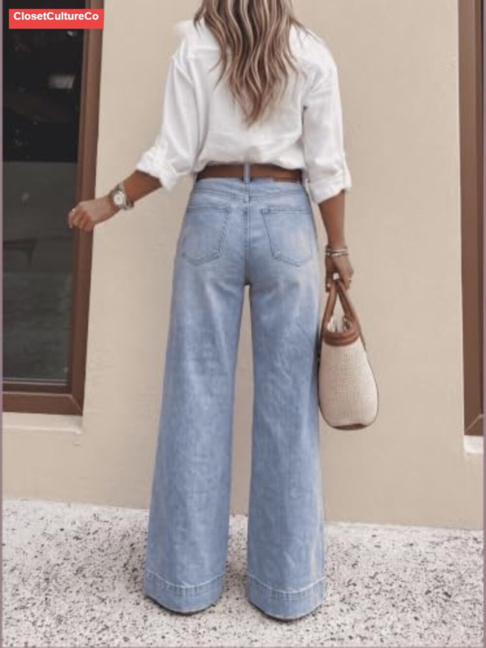 Women's High Waisted Wide Leg Jeans Stretch Denim Retro Patch Pockets - Picture 2 of 6